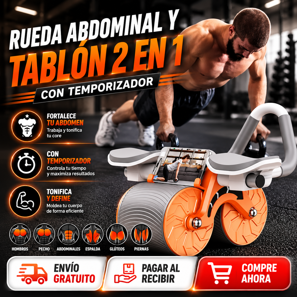 Rueda Abdominal Con Rebote Automático Y Temporizador Digital
