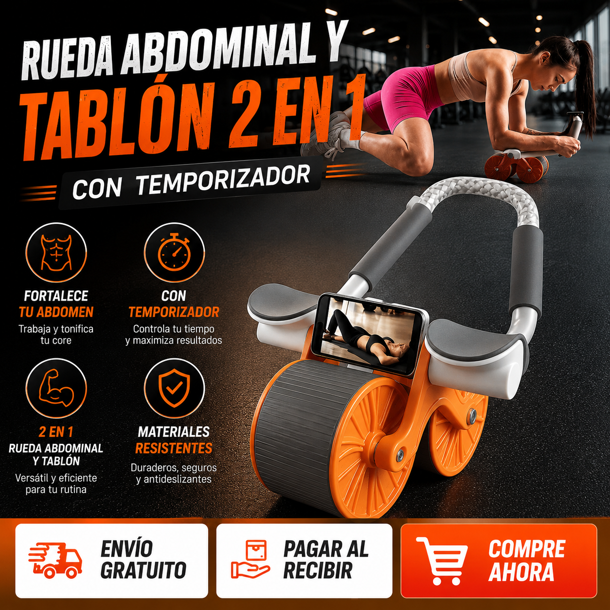 Rueda Abdominal Con Rebote Automático Y Temporizador Digital